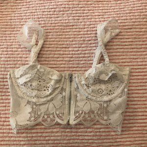 For Love and Lemons White Lace Frill Zip Crop Top